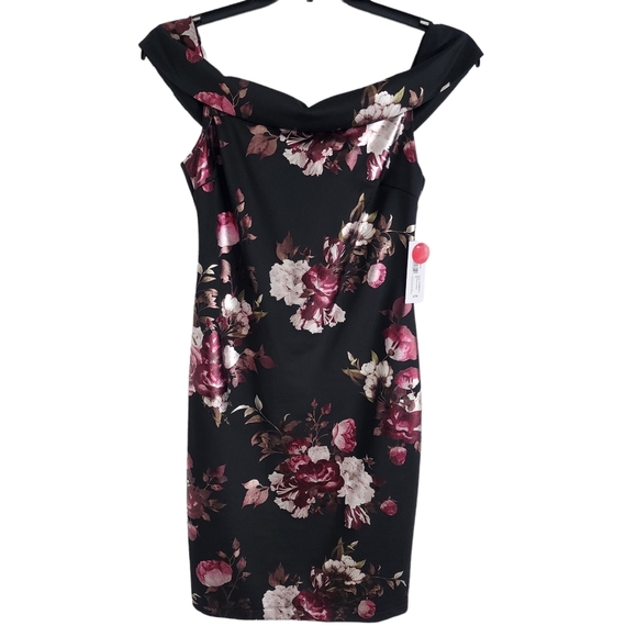 PREMIER AMOUR FLORAL OFF SHOULDER COCKTAIL DRESS Black/Burgundy/Silver S… - Picture 2 of 12